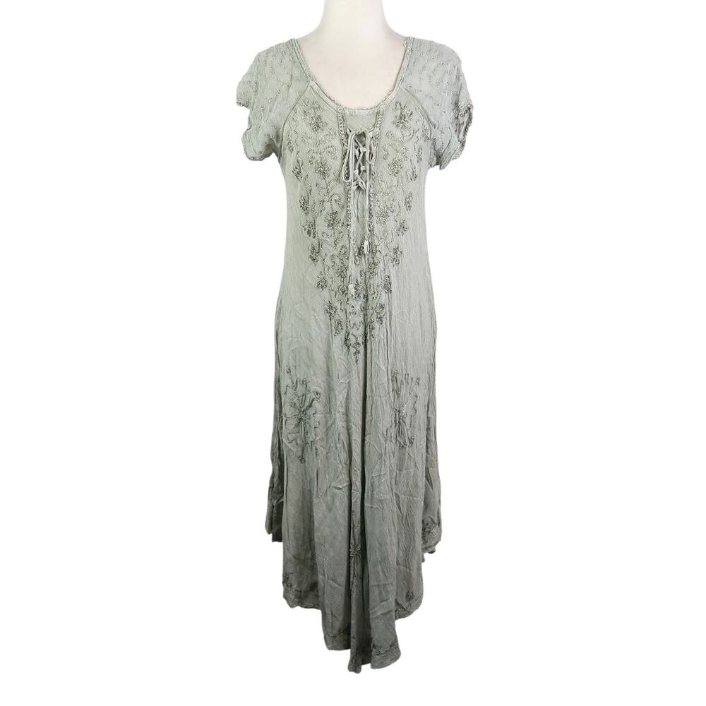 Vintage 90s Fashion Force Sage Green Boho Embroidered Midi Dress